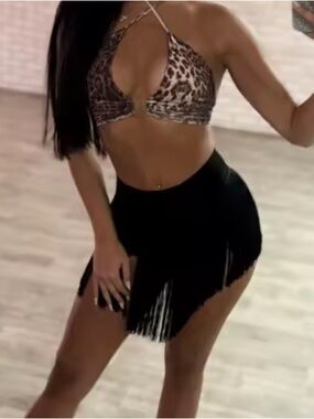 Leopard Print Halter Crop Top with Black Fringe Skirt